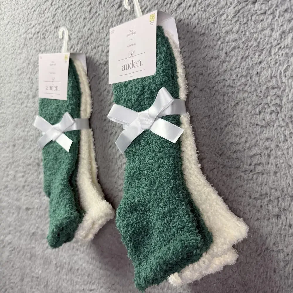Lot Of 2 -Auden Cozy Super Soft Ankle Socks Womens 4-10 Green Cream 4 Pairs